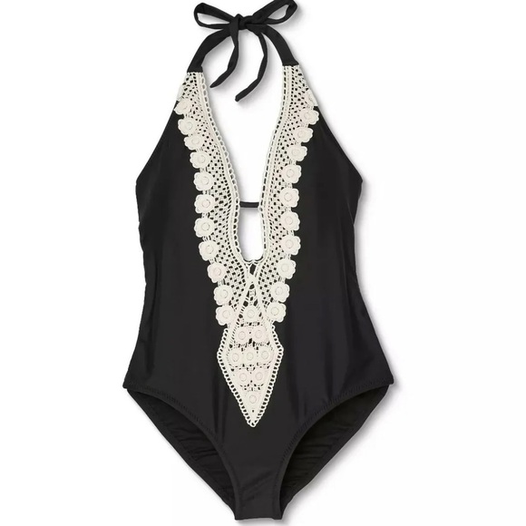 NWT Kona Sol Plunge Embroidered One apiece Swimsuit Black - Picture 2 of 7